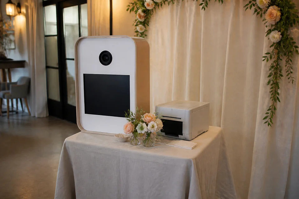 Borne photo installée pour une réception de mariage — illustration générée par IA