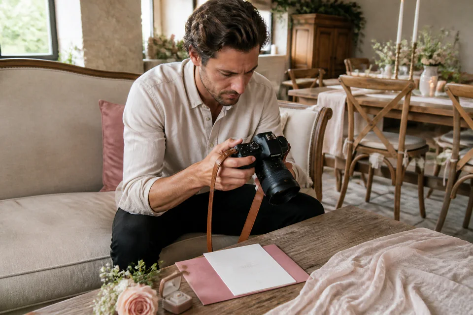 Appareil photo et accessoires de reportage de mariage — illustration générée par IA