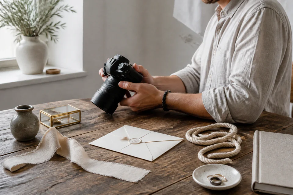 Appareil photo et accessoires de reportage de mariage — illustration générée par IA