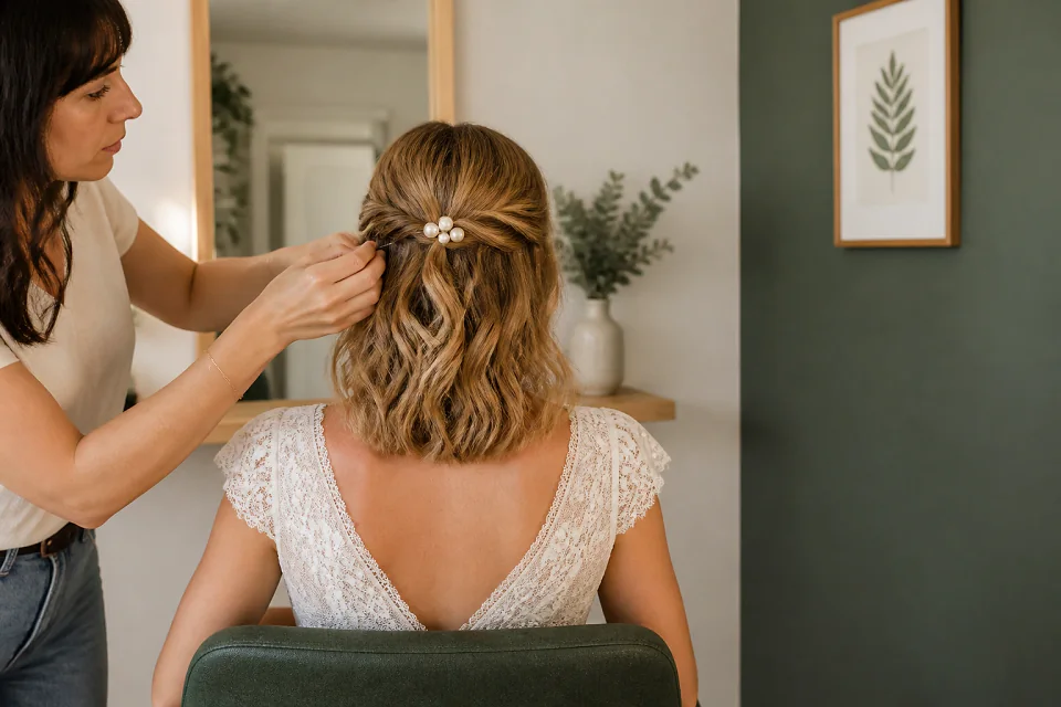 Coiffure de cérémonie vue pendant la préparation — illustration générée par IA