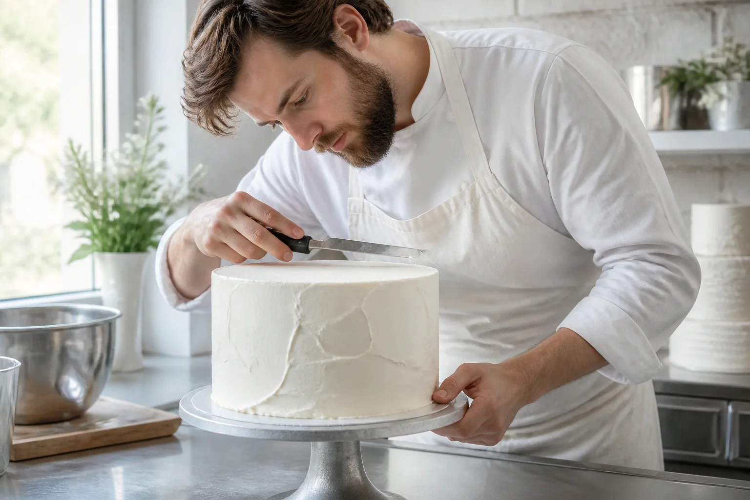 Gâteau de mariage préparé dans un atelier — illustration générée par IA