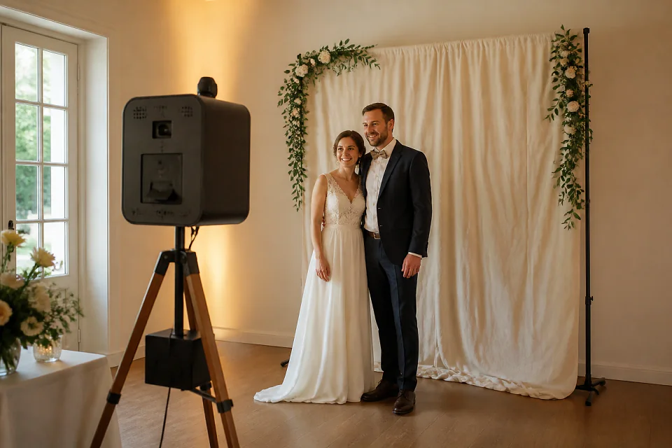Borne photo installée pour une réception de mariage — illustration générée par IA