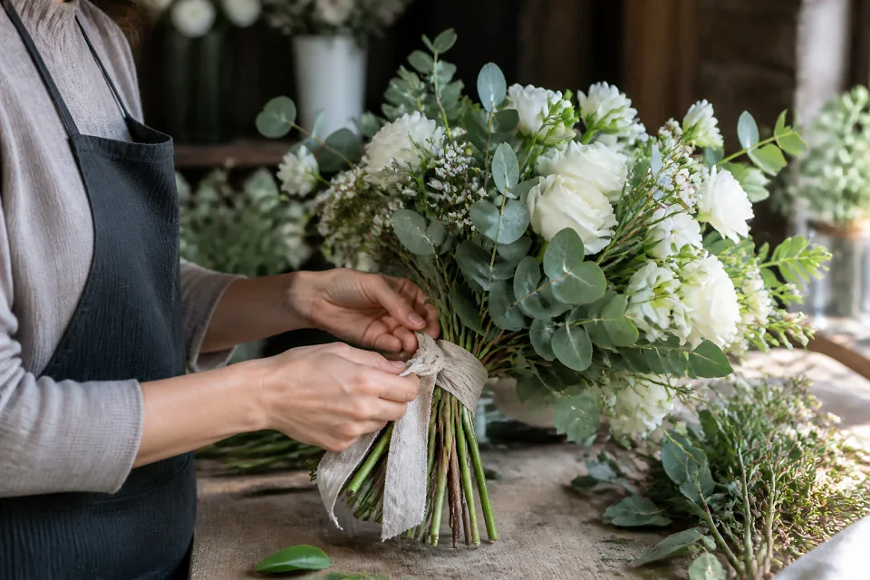 Préparation florale pour un mariage — illustration générée par IA