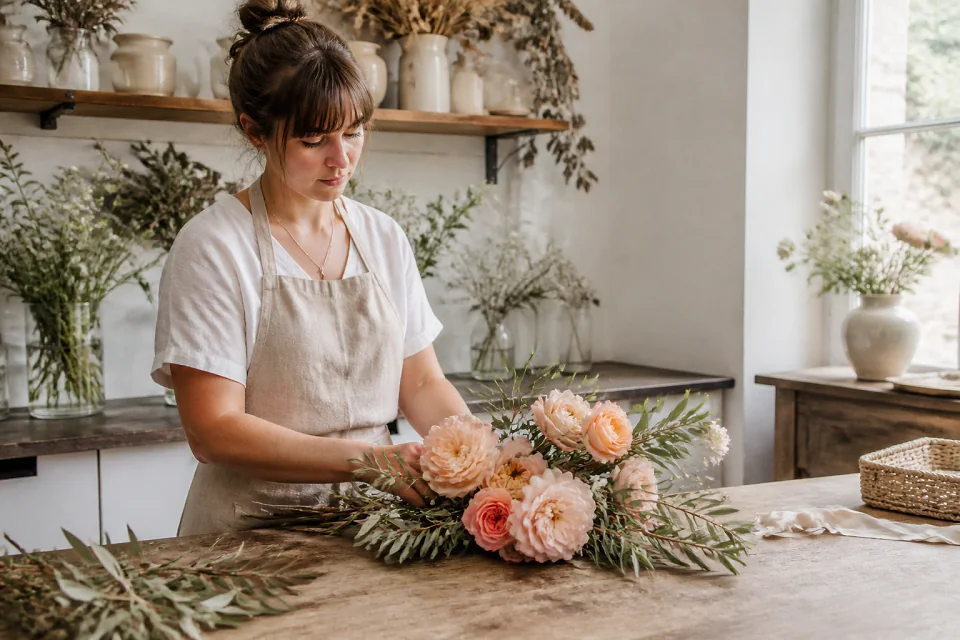 Préparation florale pour un mariage — illustration générée par IA
