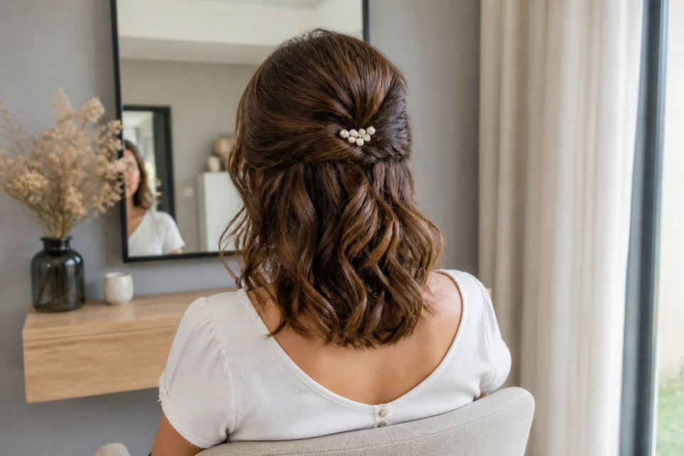 Coiffure de cérémonie vue pendant la préparation — illustration générée par IA