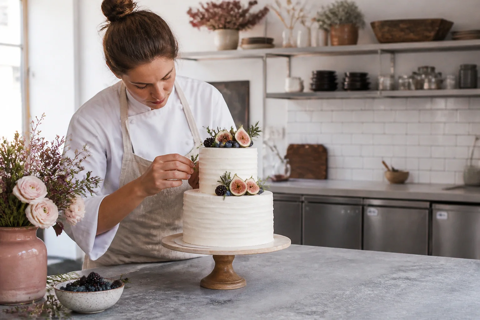 Gâteau de mariage préparé dans un atelier — illustration générée par IA