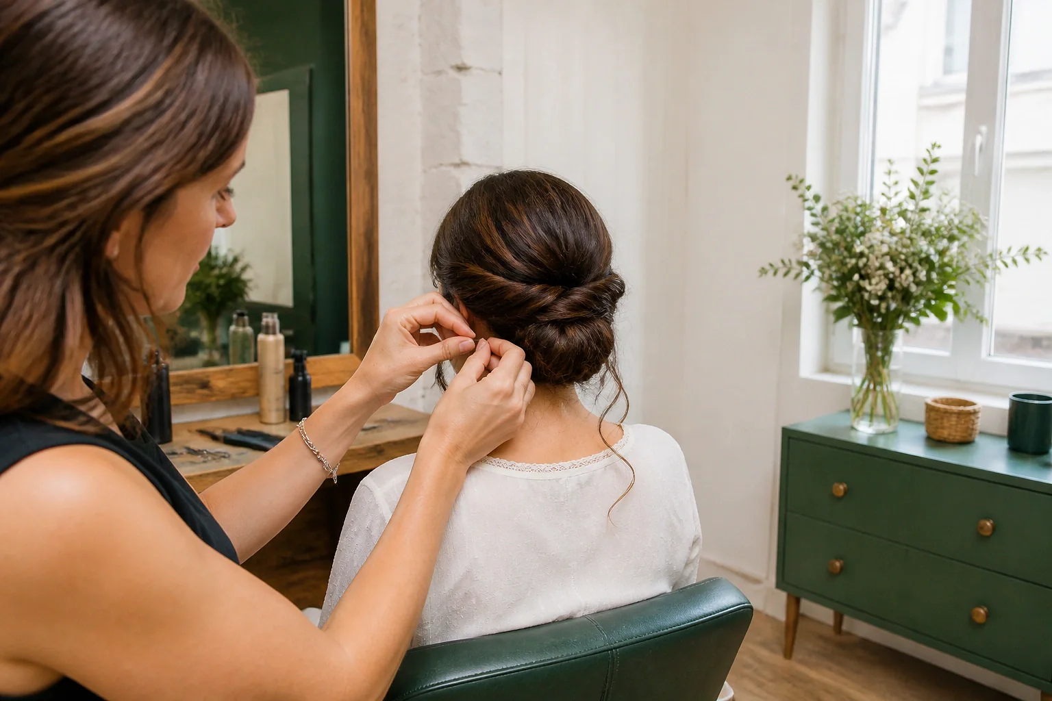 Coiffure de cérémonie vue pendant la préparation — illustration générée par IA