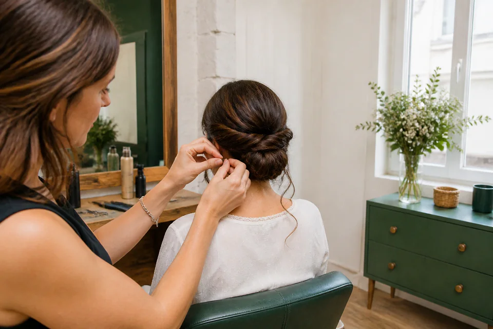 Coiffure de cérémonie vue pendant la préparation — illustration générée par IA