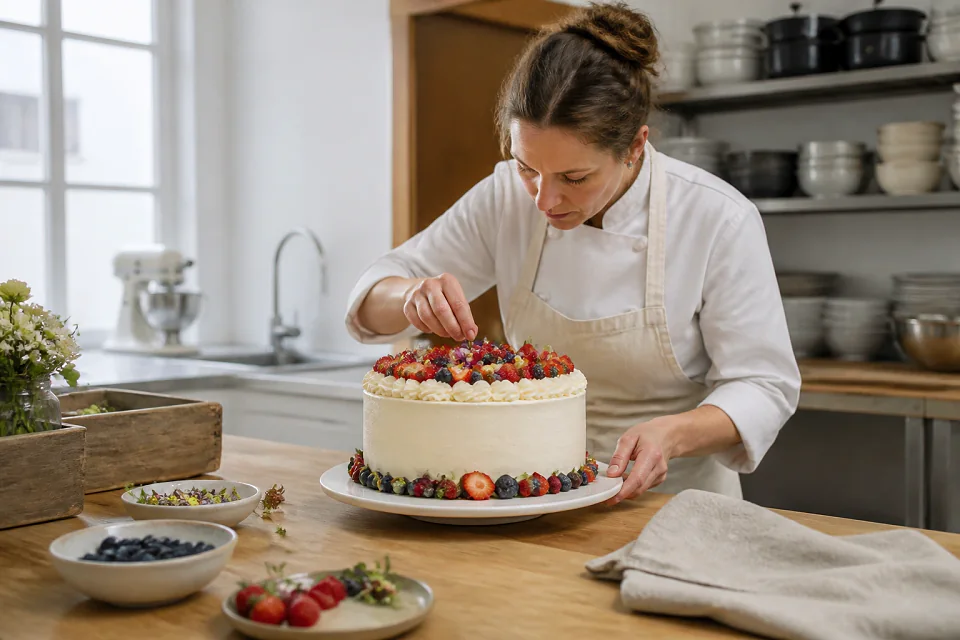 Gâteau de mariage préparé dans un atelier — illustration générée par IA