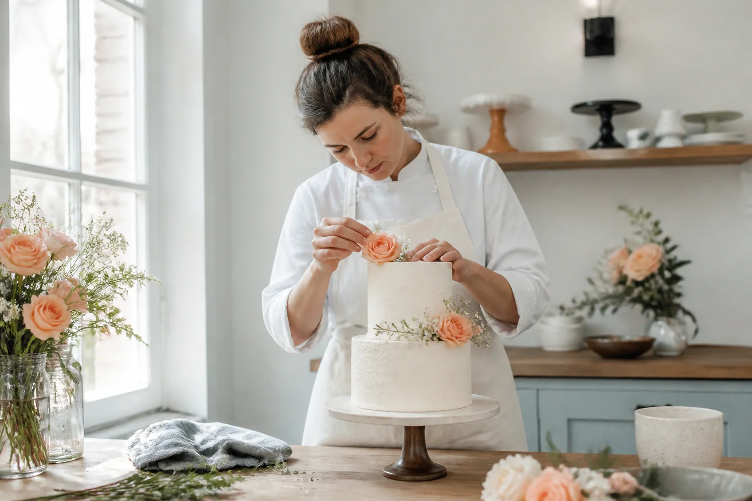 Gâteau de mariage préparé dans un atelier — illustration générée par IA