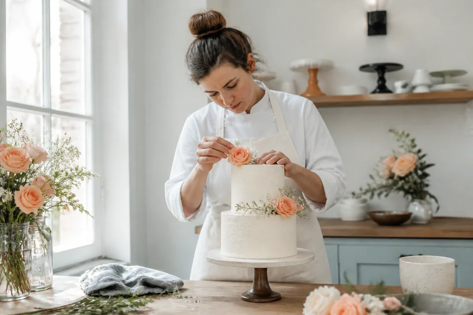 Gâteau de mariage préparé dans un atelier — illustration générée par IA