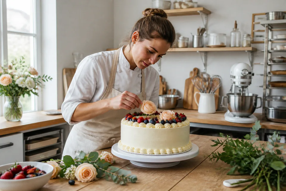Gâteau de mariage préparé dans un atelier — illustration générée par IA