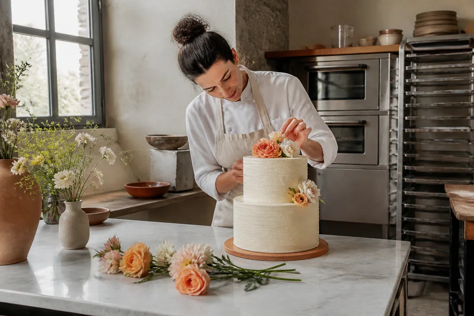 Gâteau de mariage préparé dans un atelier — illustration générée par IA