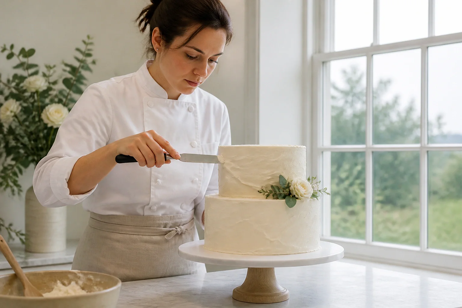 Gâteau de mariage préparé dans un atelier — illustration générée par IA