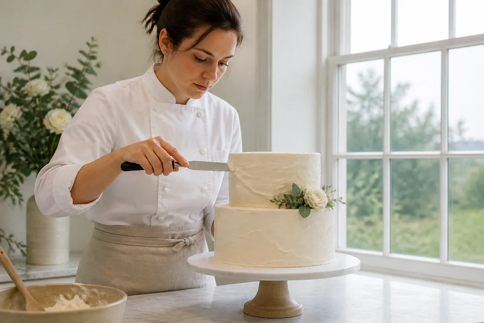Gâteau de mariage préparé dans un atelier — illustration générée par IA