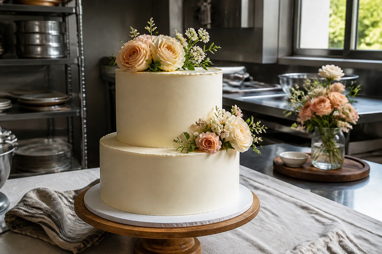 Gâteau de mariage préparé dans un atelier — illustration générée par IA