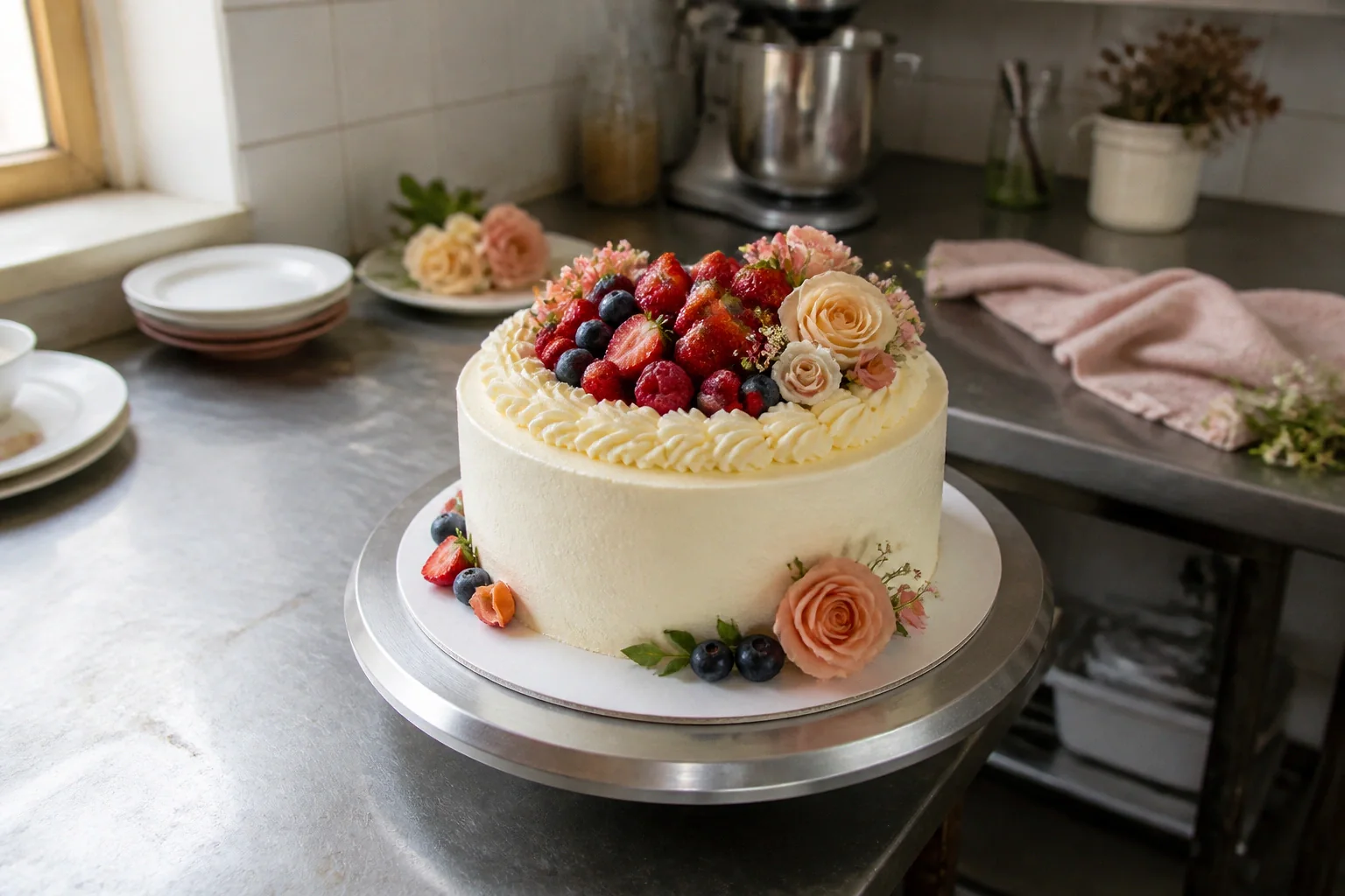 Gâteau de mariage préparé dans un atelier — illustration générée par IA
