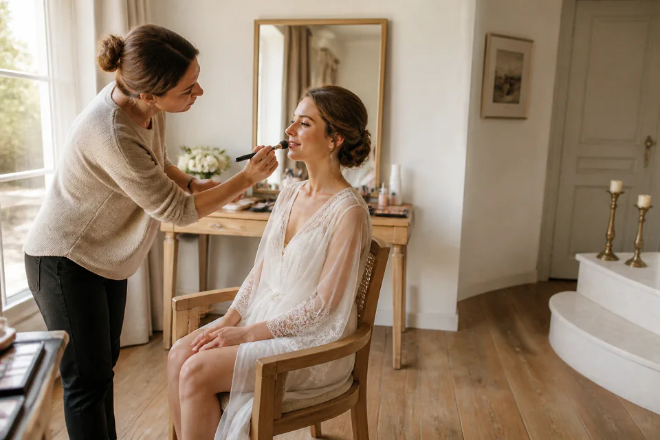 Préparation d’un maquillage de mariage — illustration générée par IA