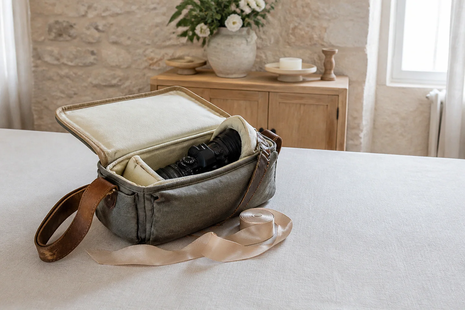 Appareil photo et accessoires de reportage de mariage — illustration générée par IA