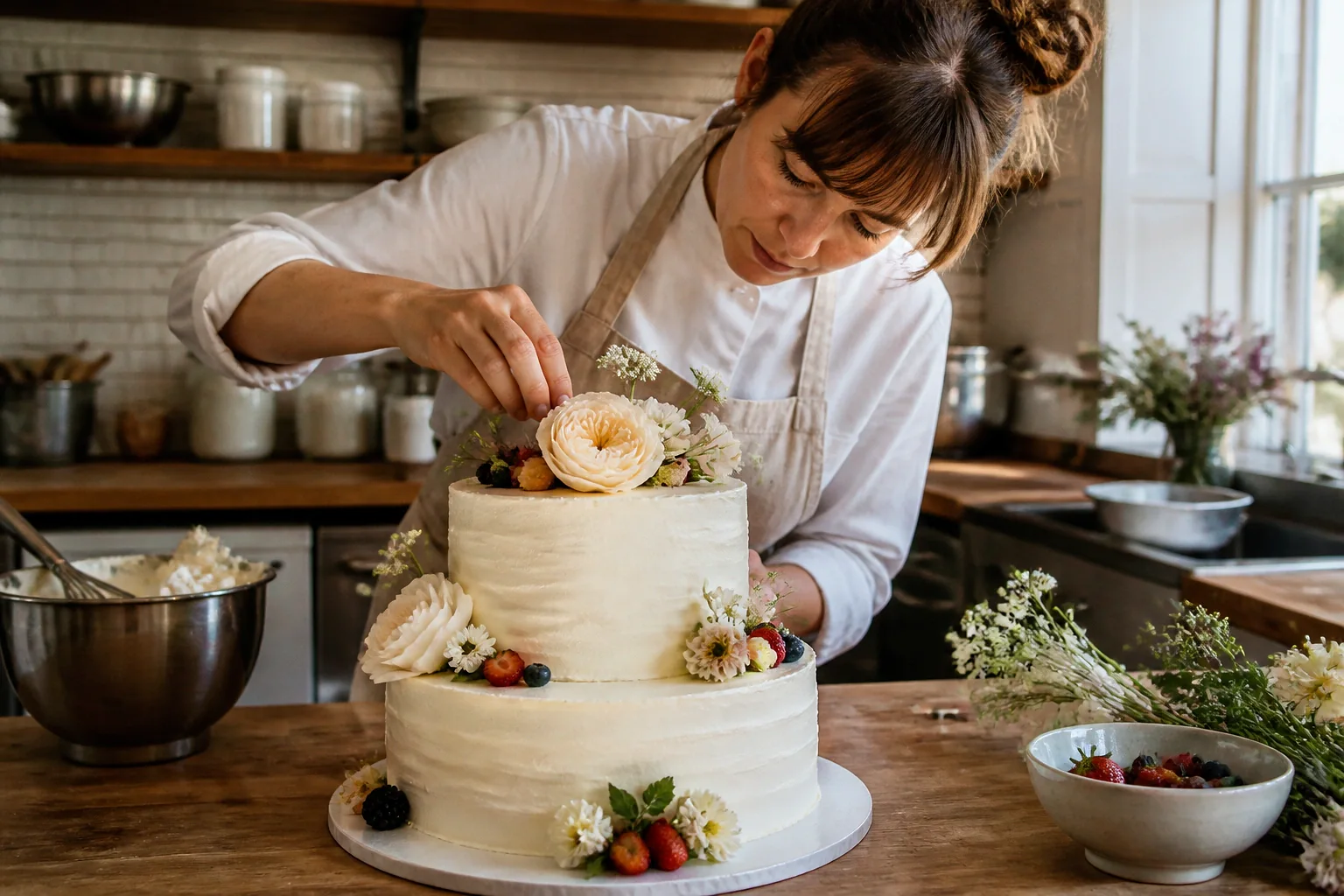 Gâteau de mariage préparé dans un atelier — illustration générée par IA