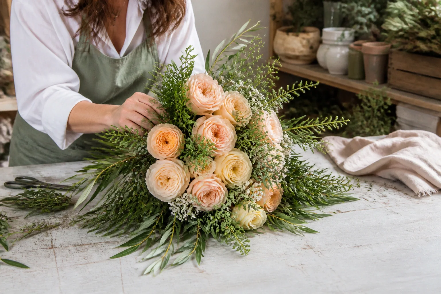 Préparation florale pour un mariage — illustration générée par IA