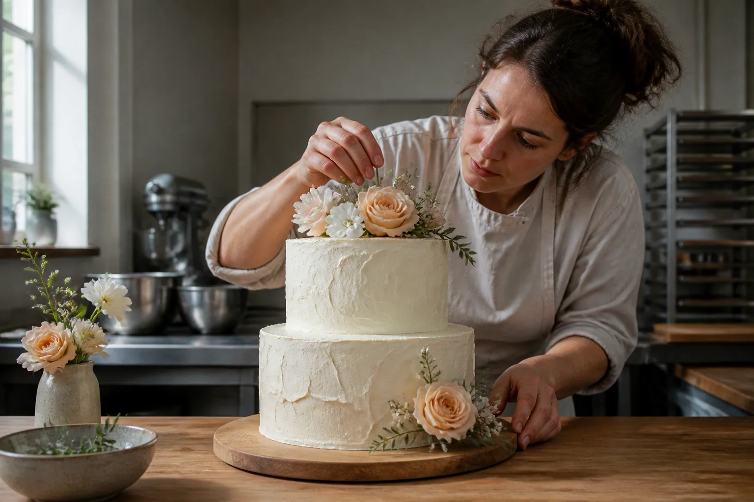 Gâteau de mariage préparé dans un atelier — illustration générée par IA