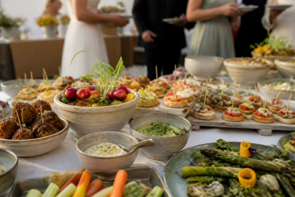 Préparations salées pour un cocktail de mariage — illustration générée par IA