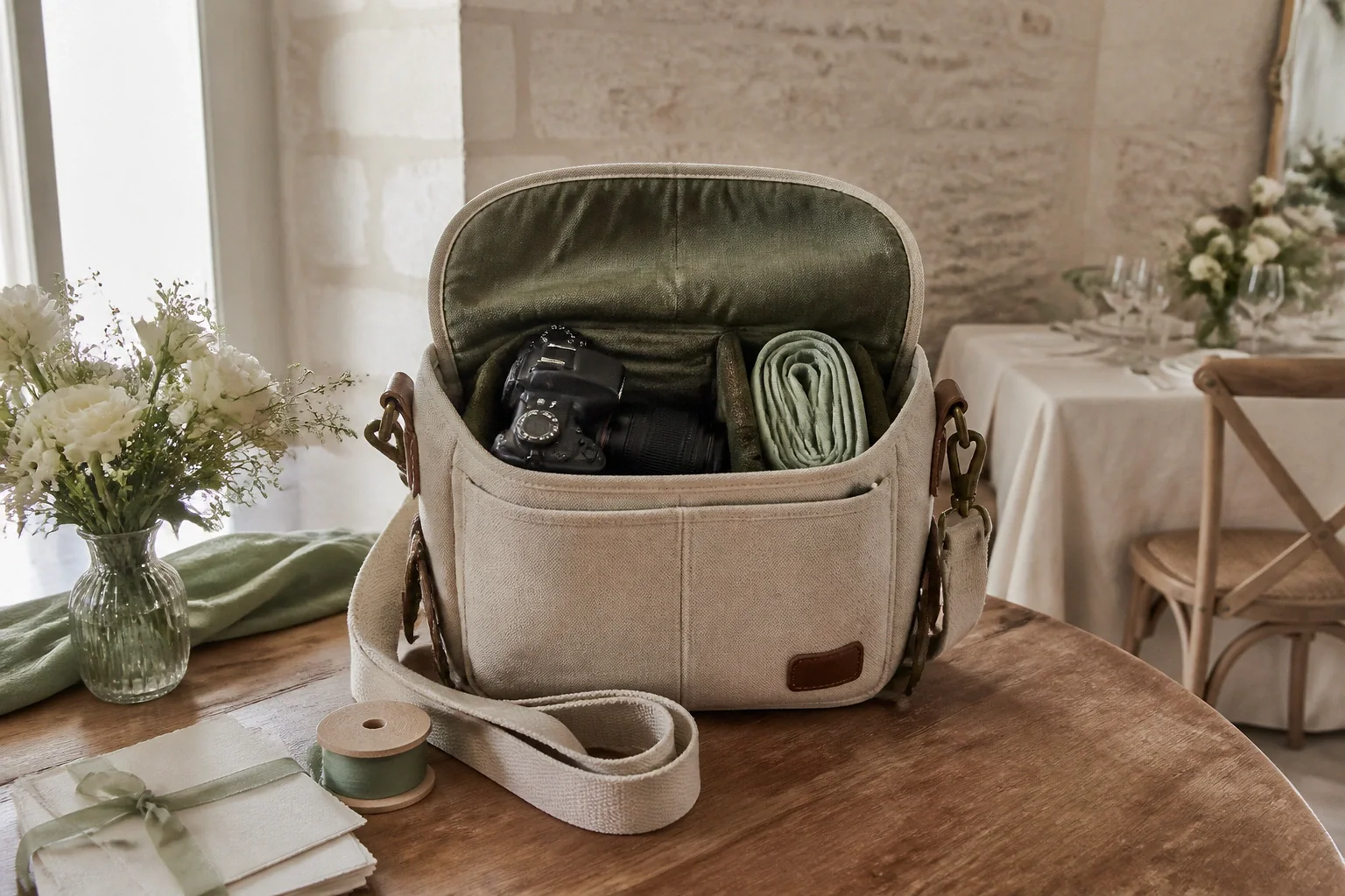 Appareil photo et accessoires de reportage de mariage — illustration générée par IA