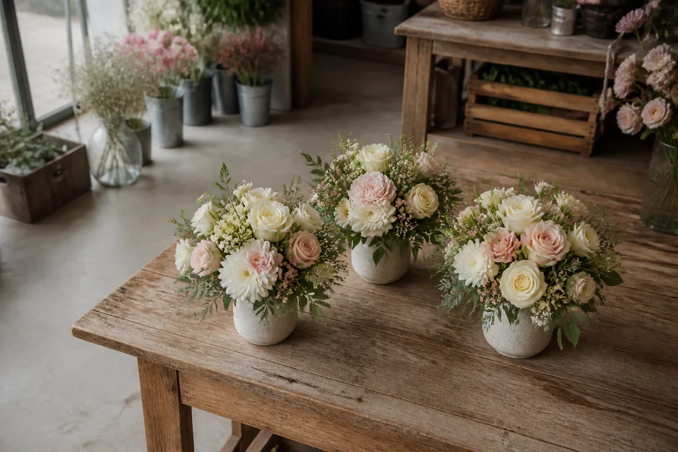 Préparation florale pour un mariage — illustration générée par IA