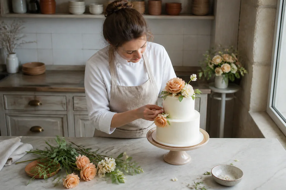 Gâteau de mariage préparé dans un atelier — illustration générée par IA
