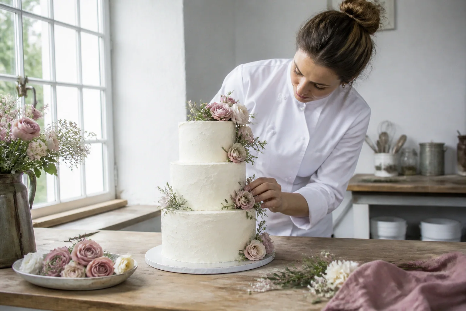 Gâteau de mariage préparé dans un atelier — illustration générée par IA