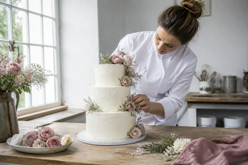 Gâteau de mariage préparé dans un atelier — illustration générée par IA