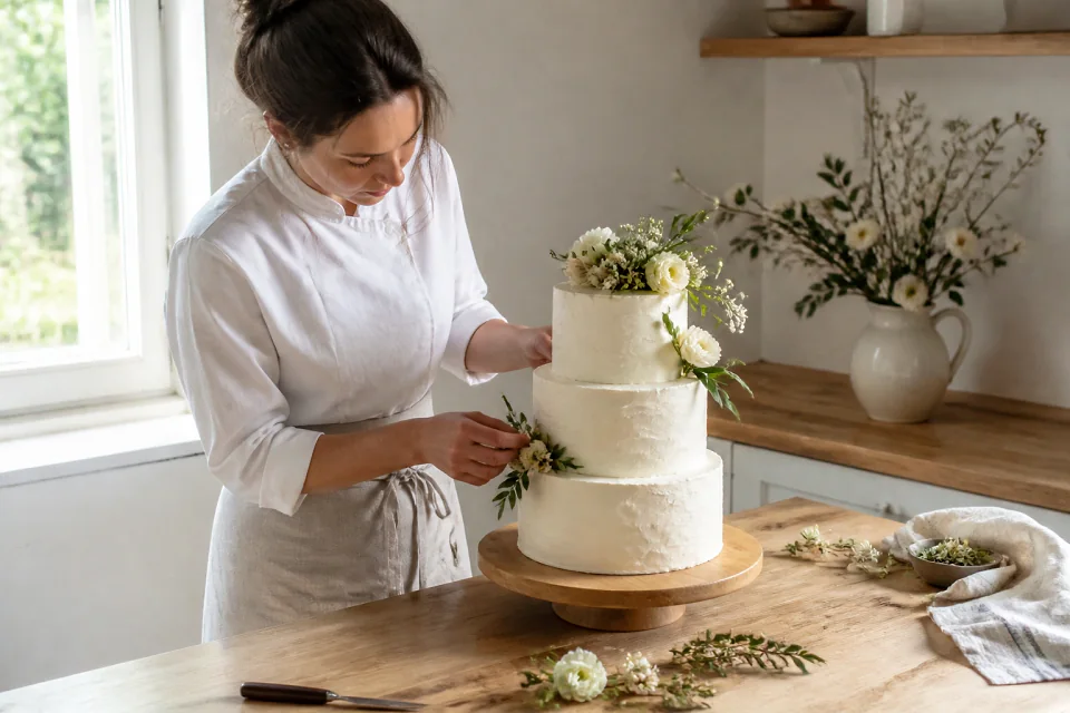 Gâteau de mariage préparé dans un atelier — illustration générée par IA