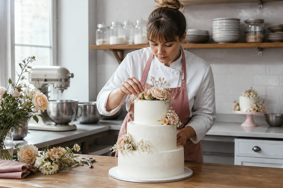 Gâteau de mariage préparé dans un atelier — illustration générée par IA
