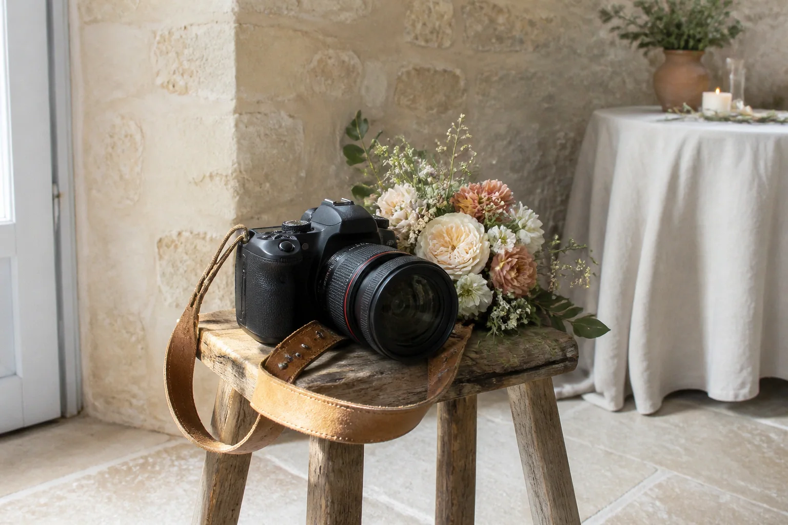 Appareil photo et accessoires de reportage de mariage — illustration générée par IA