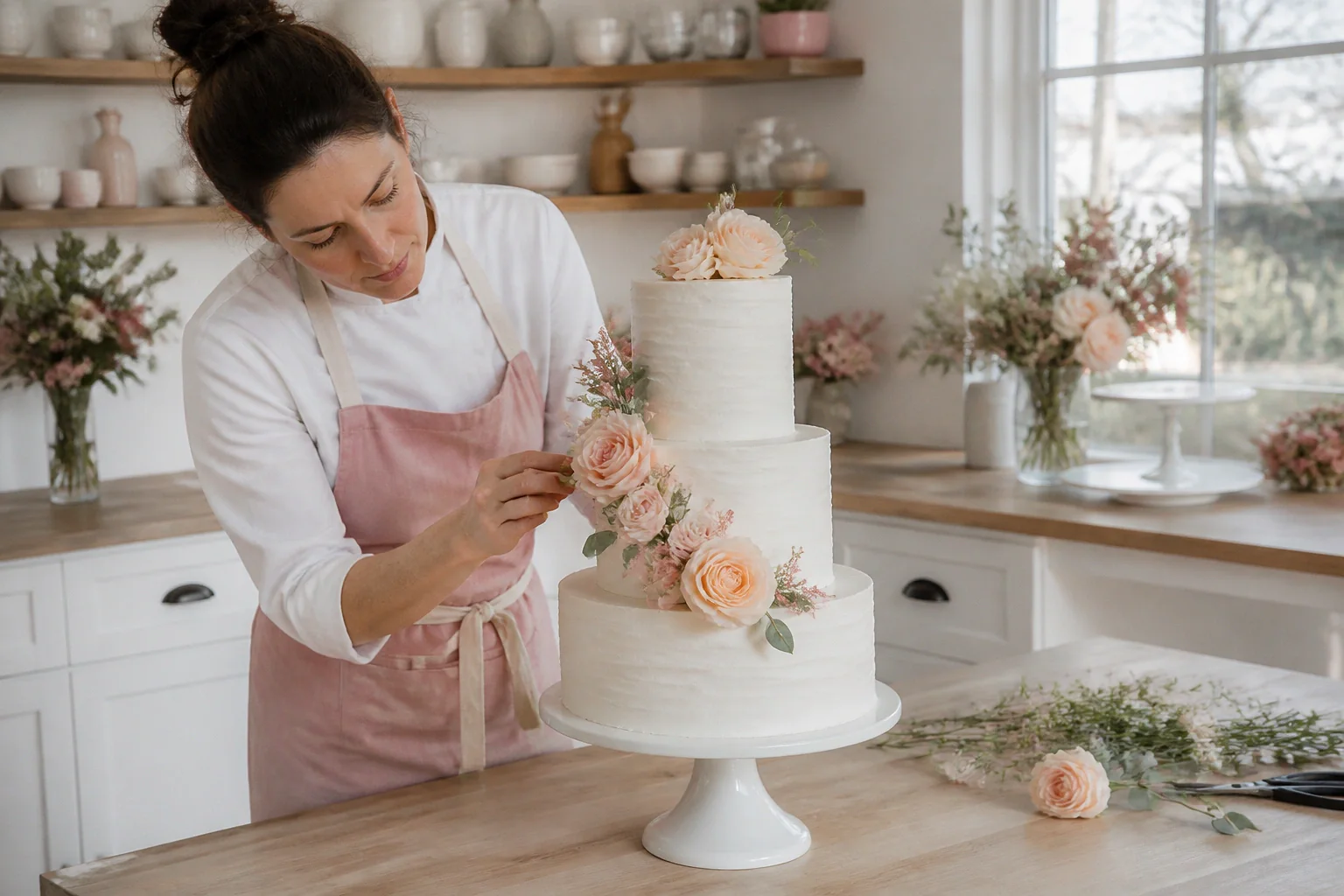 Gâteau de mariage préparé dans un atelier — illustration générée par IA