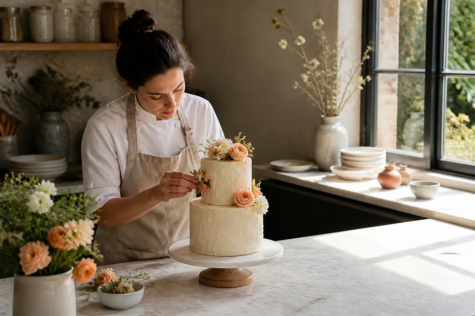 Gâteau de mariage préparé dans un atelier — illustration générée par IA