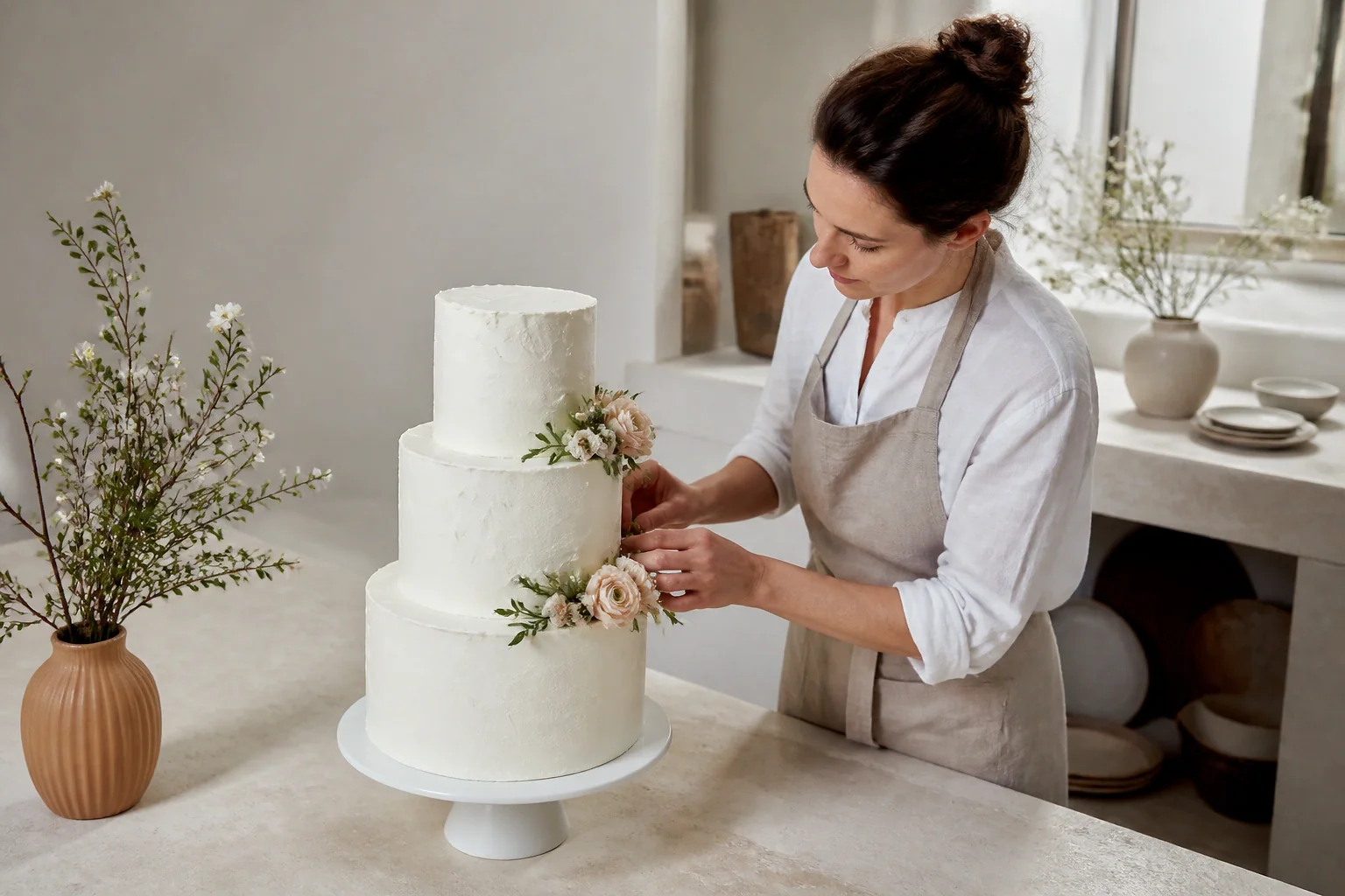 Gâteau de mariage préparé dans un atelier — illustration générée par IA
