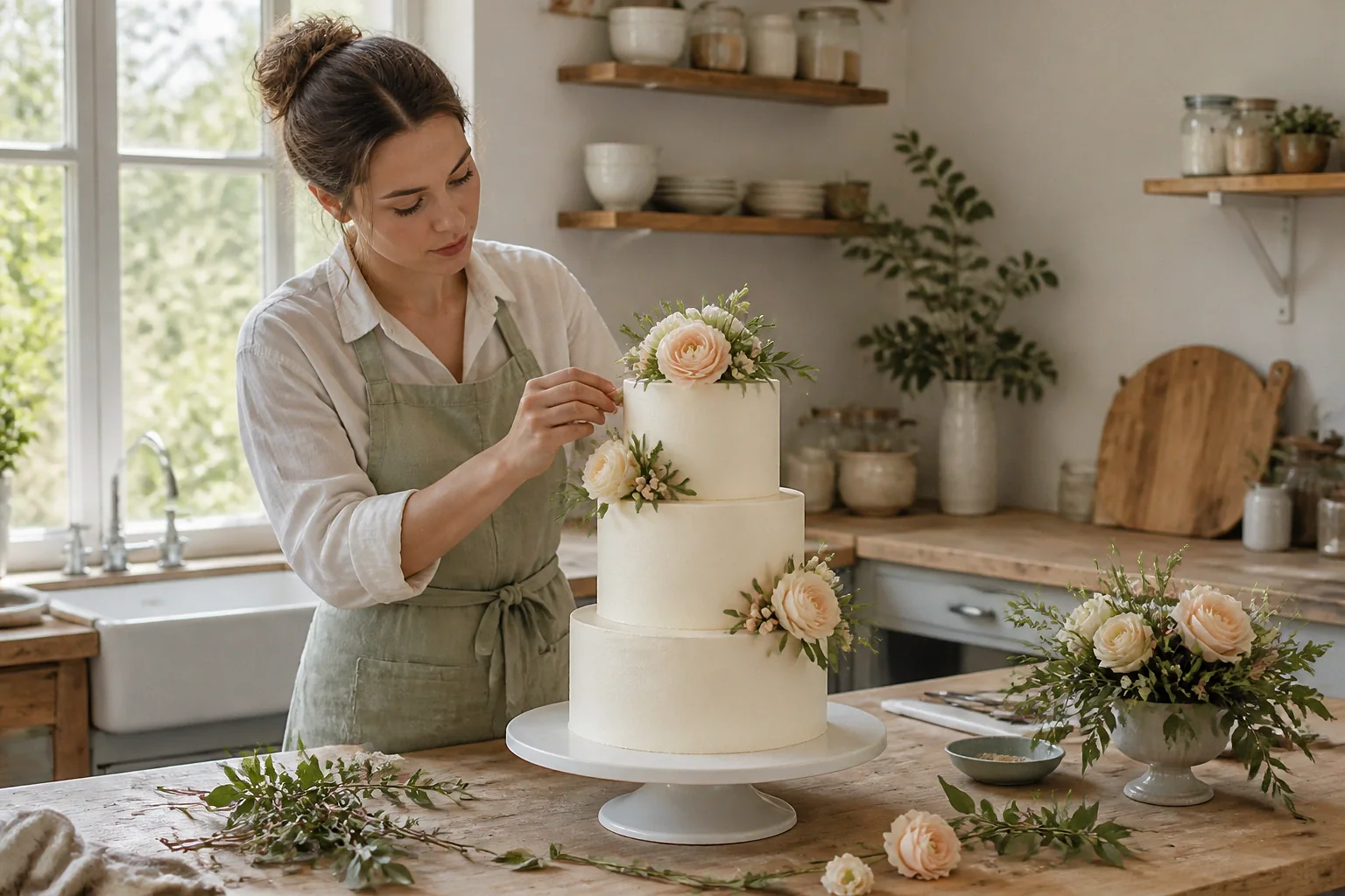 Gâteau de mariage préparé dans un atelier — illustration générée par IA