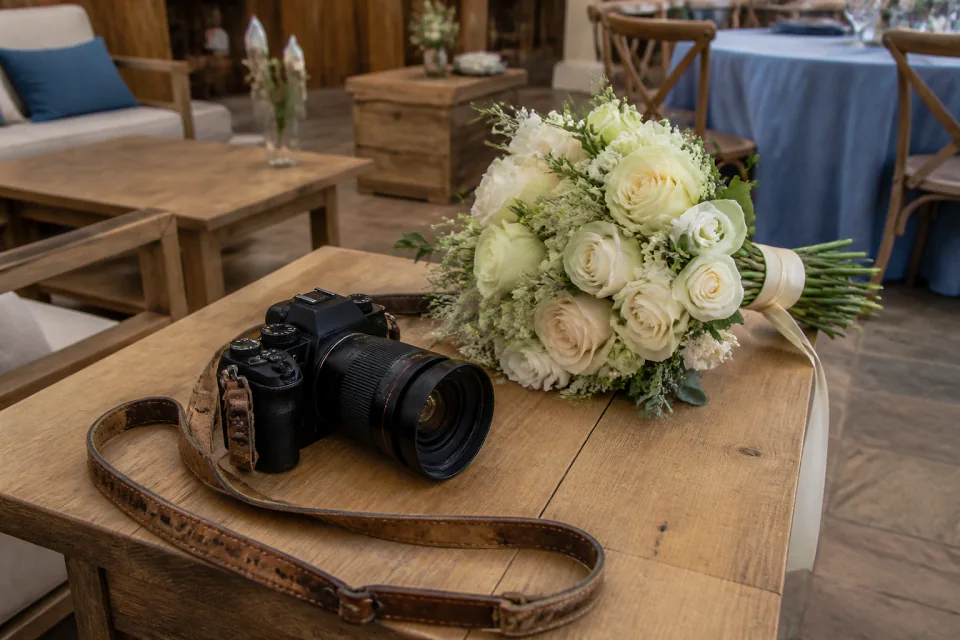 Appareil photo et accessoires de reportage de mariage — illustration générée par IA