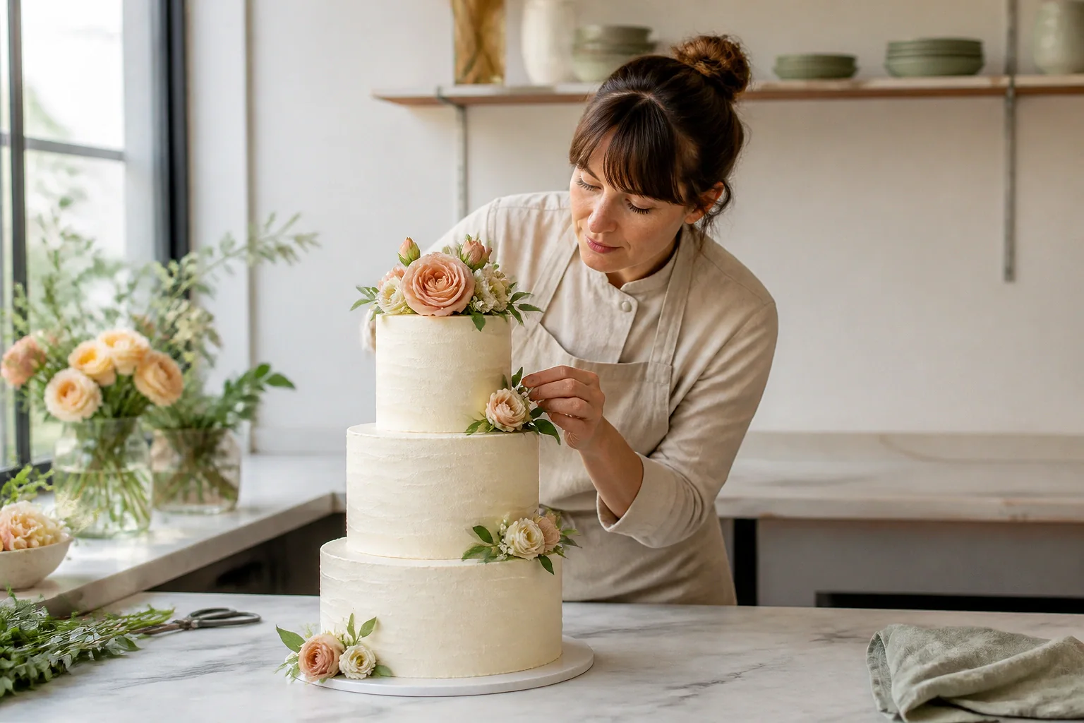 Gâteau de mariage préparé dans un atelier — illustration générée par IA