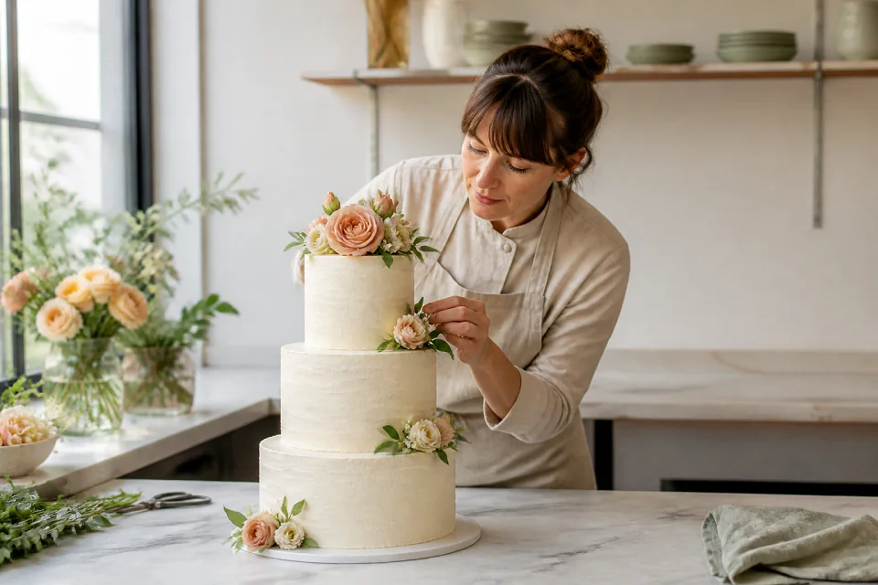 Gâteau de mariage préparé dans un atelier — illustration générée par IA