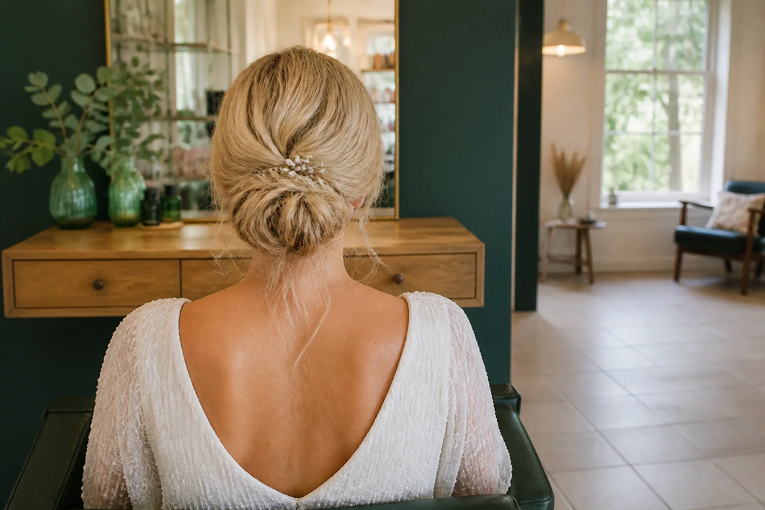 Coiffure de cérémonie vue pendant la préparation — illustration générée par IA