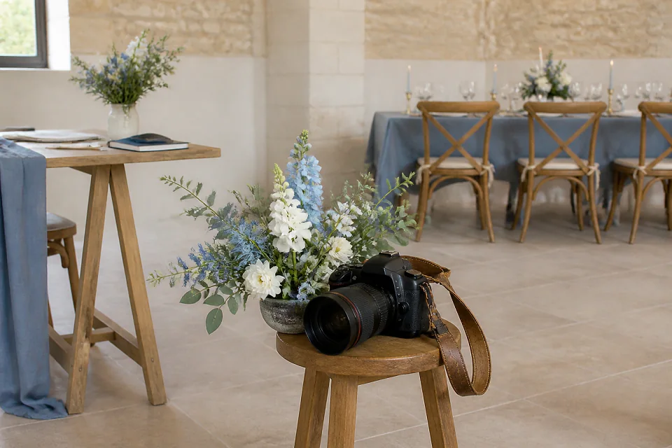 Appareil photo et accessoires de reportage de mariage — illustration générée par IA