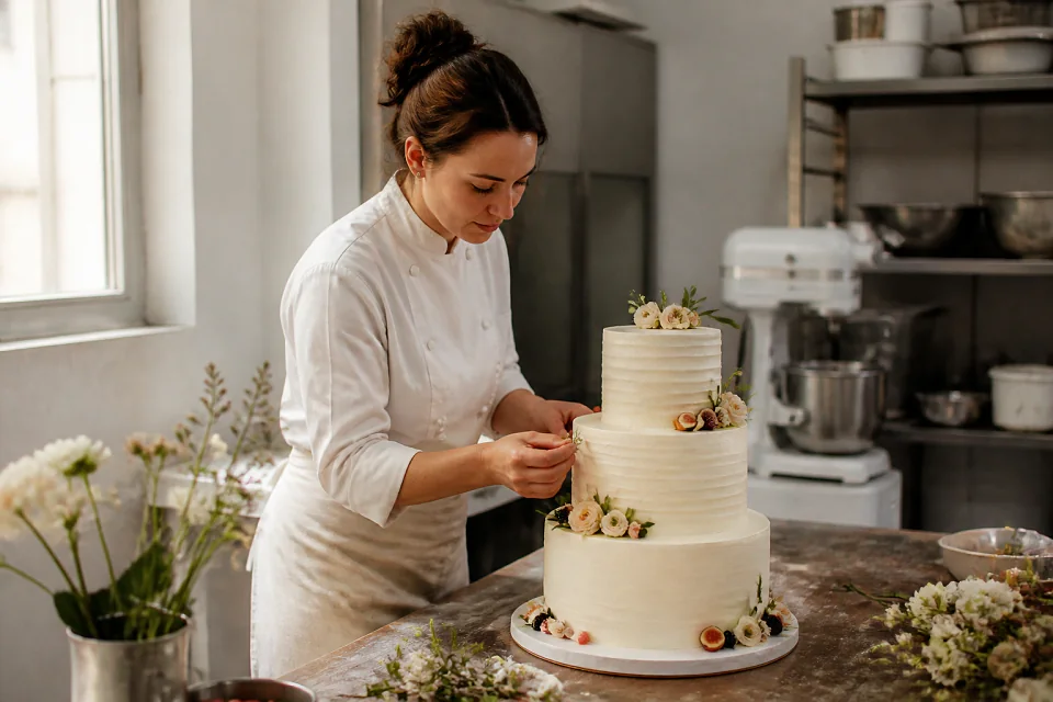 Gâteau de mariage préparé dans un atelier — illustration générée par IA