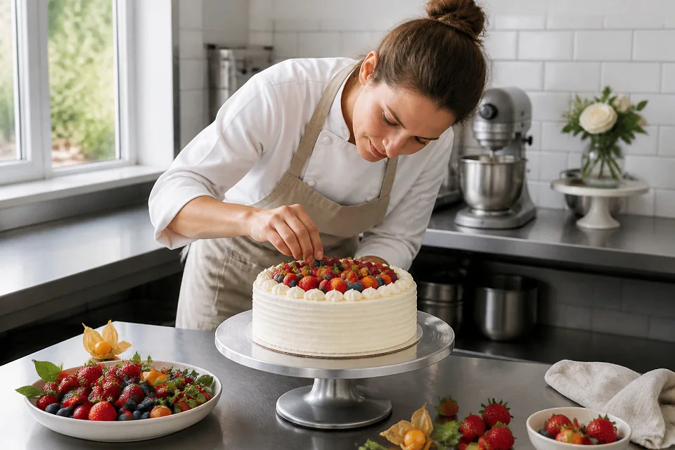 Gâteau de mariage préparé dans un atelier — illustration générée par IA