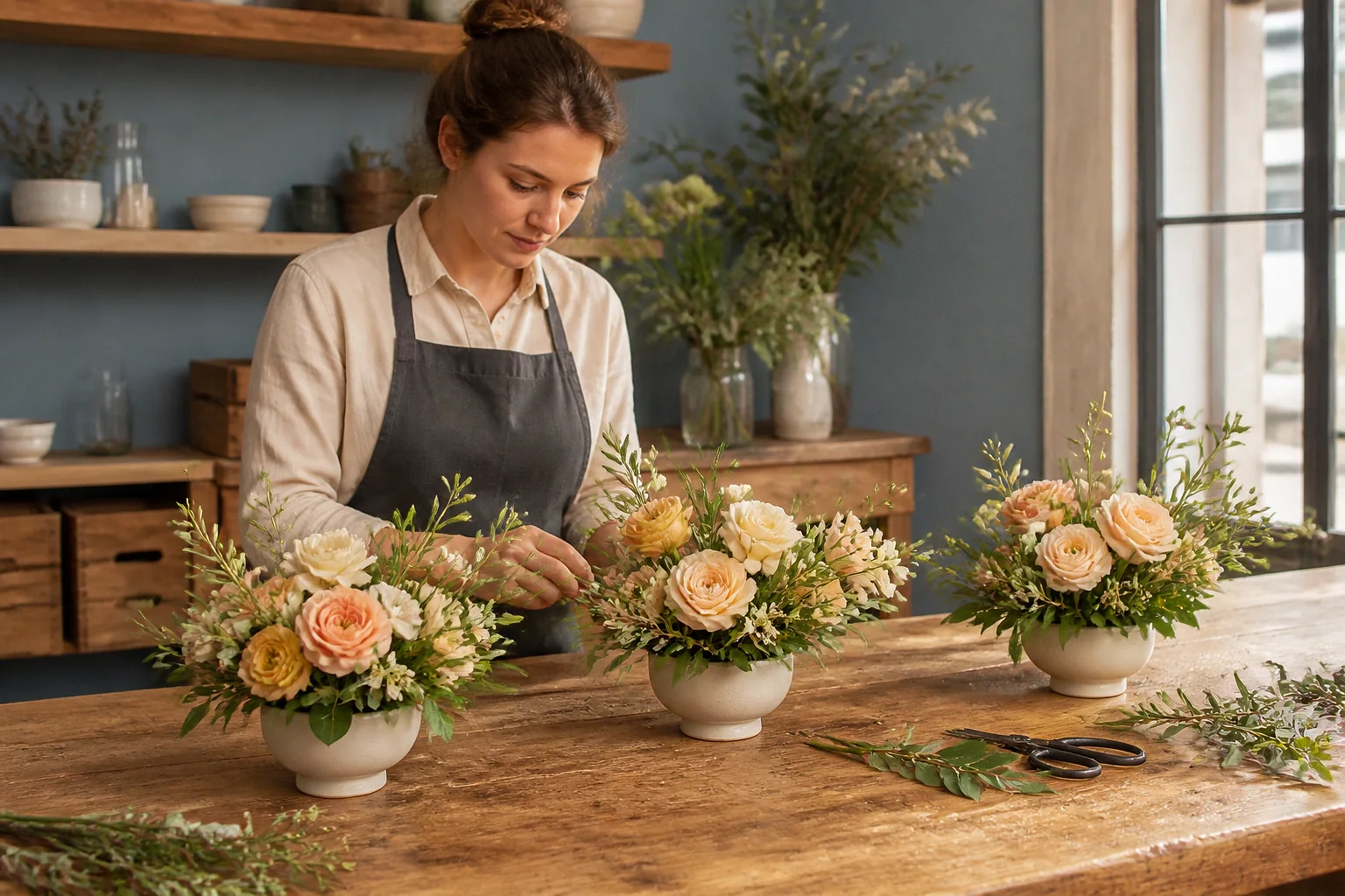 Préparation florale pour un mariage — illustration générée par IA