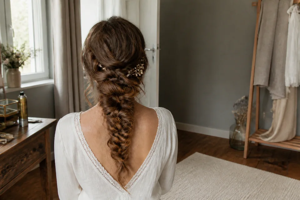 Coiffure de cérémonie vue pendant la préparation — illustration générée par IA
