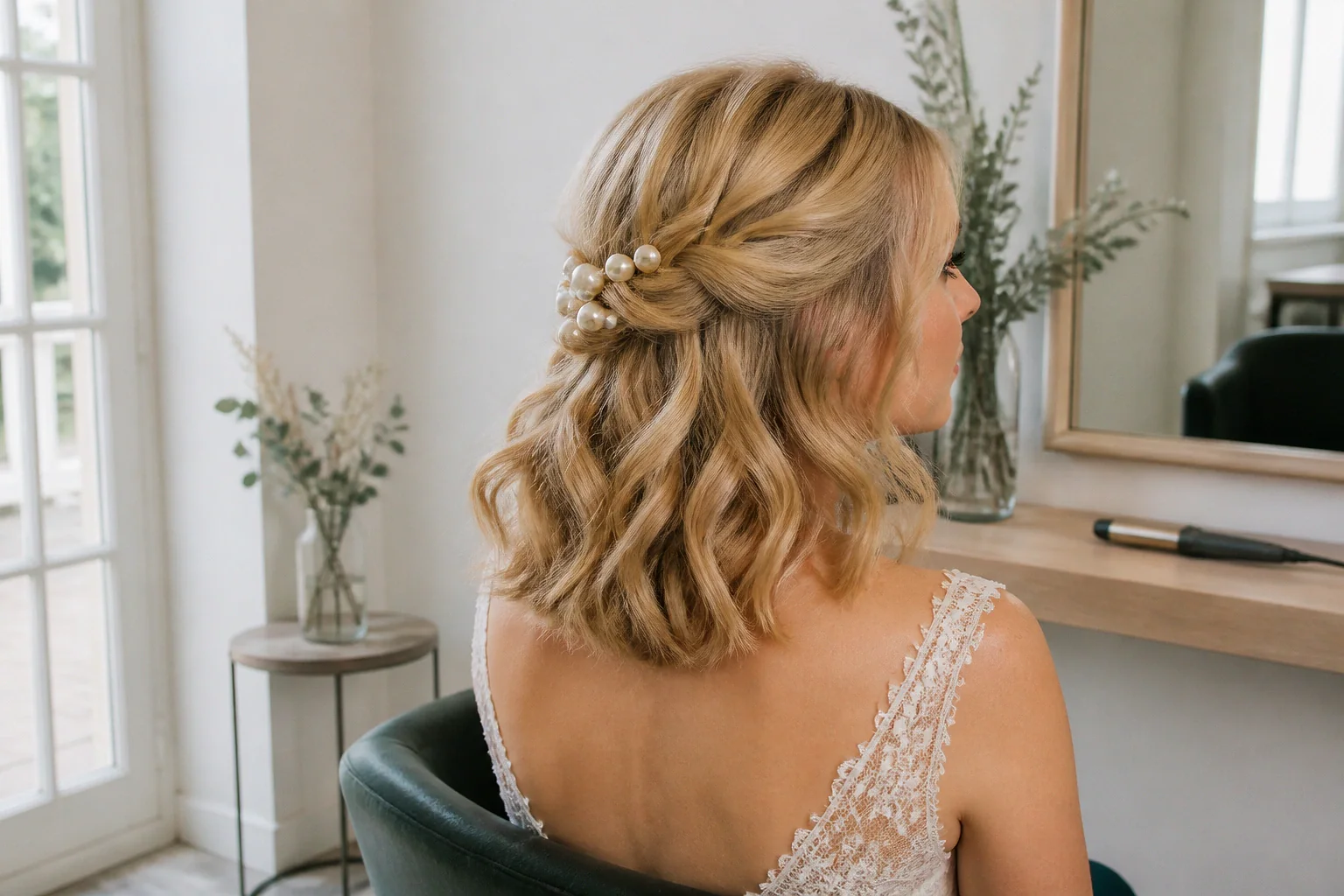 Coiffure de cérémonie vue pendant la préparation — illustration générée par IA