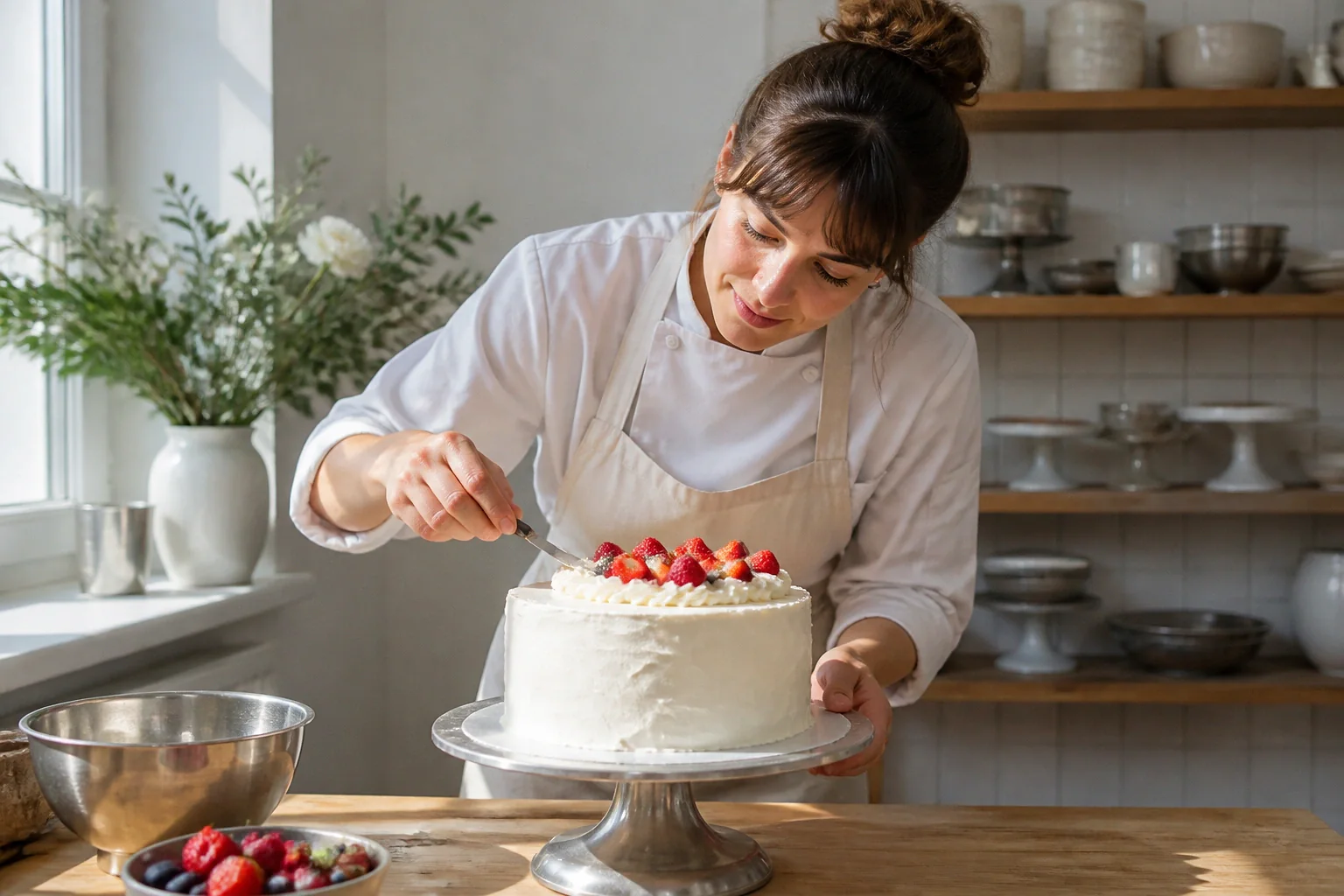 Gâteau de mariage préparé dans un atelier — illustration générée par IA